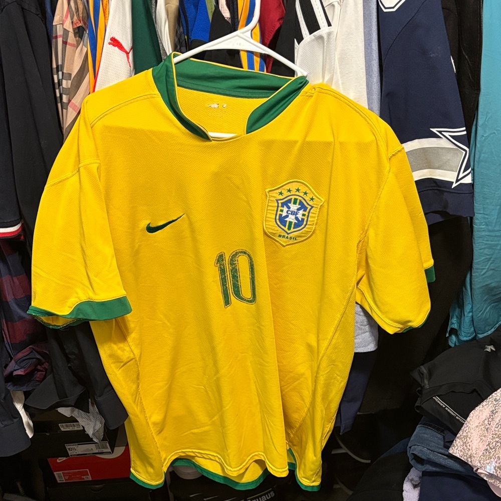 Nike Yellow and Green Brazil Soccer Jersey #10